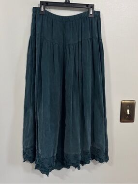 Vintage Johnny Was embroidered rayon midi skirt green